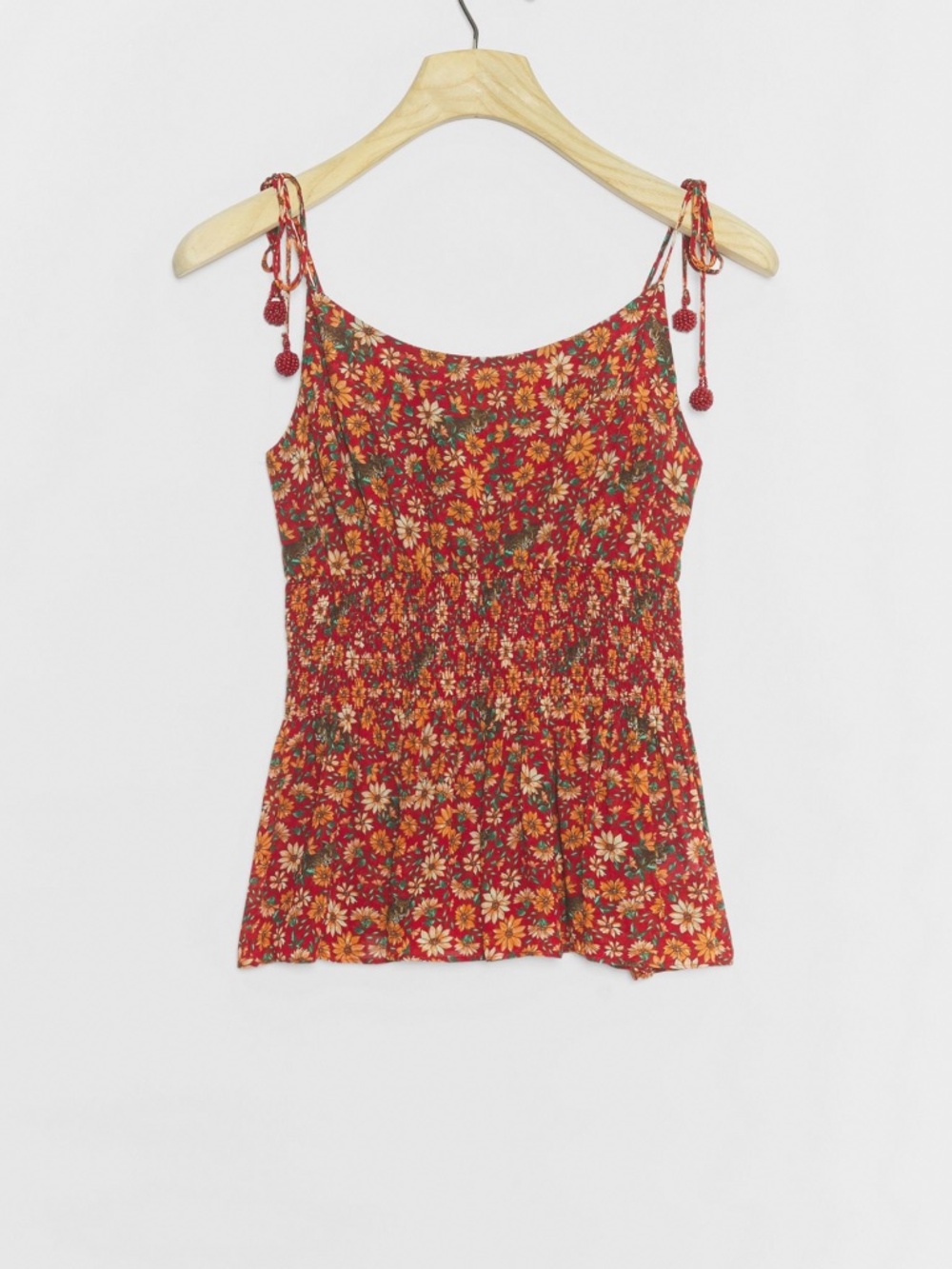 NWT Farm Rio Anthropologie Meg Cami Too Smocked Red Floral Tassel Ties XS